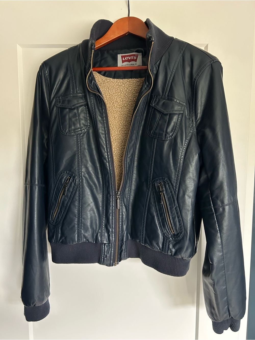 Levi's Women's Navy Faux Leather Bomber Jacket with Sherpa Interior